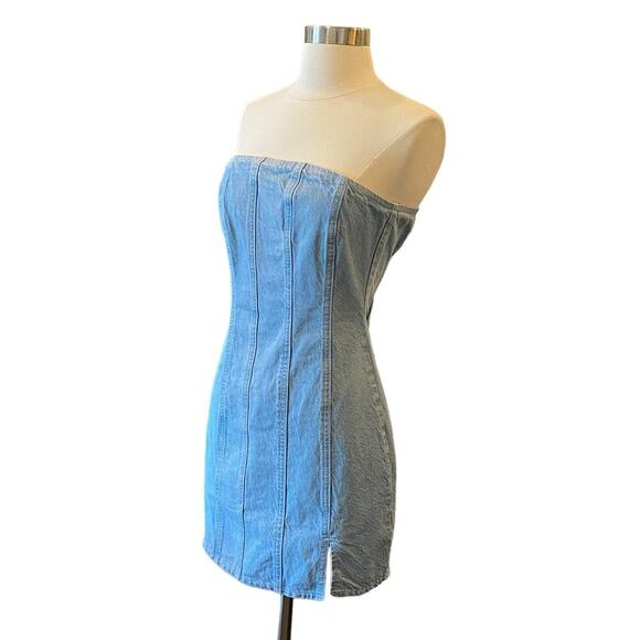 Asos Strapless Denim Mini Dress With Slit Hem - Picture 4 of 13